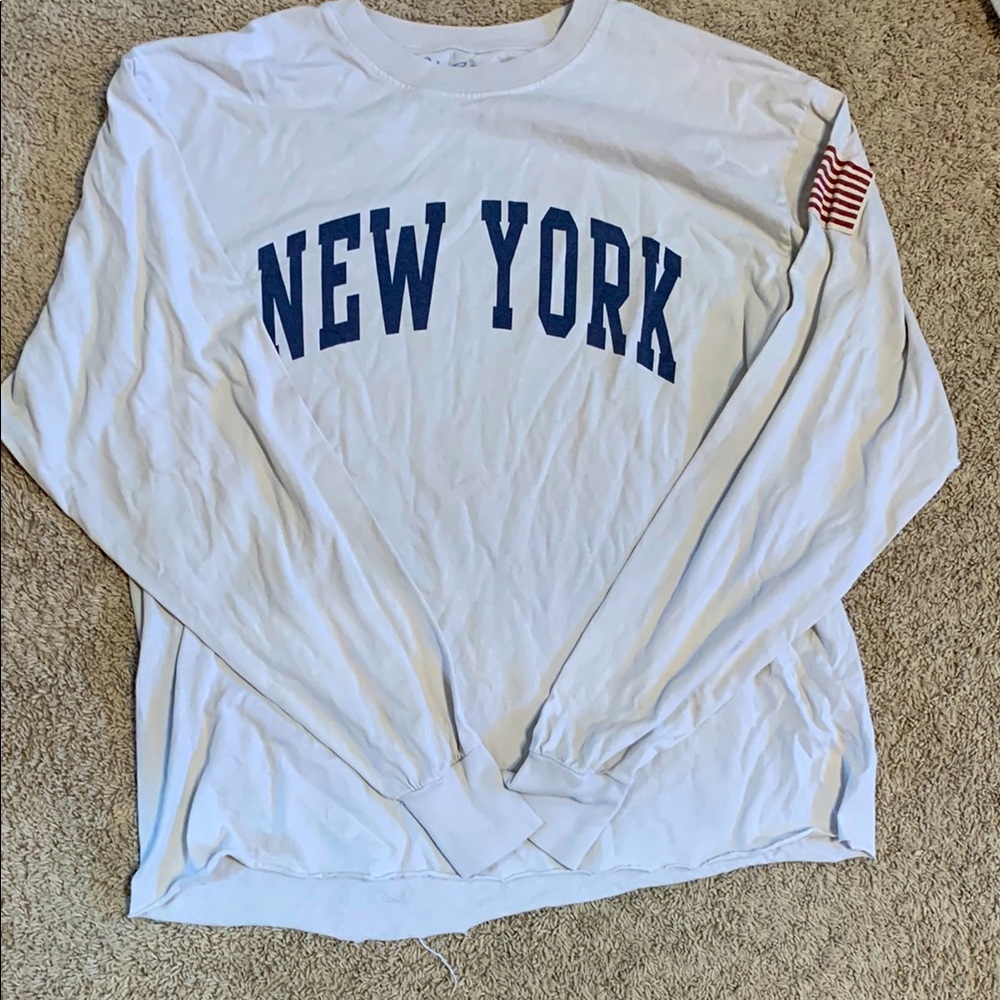 Brandy Melville White and Blue New York Long Sleeve Tee with American flag patch